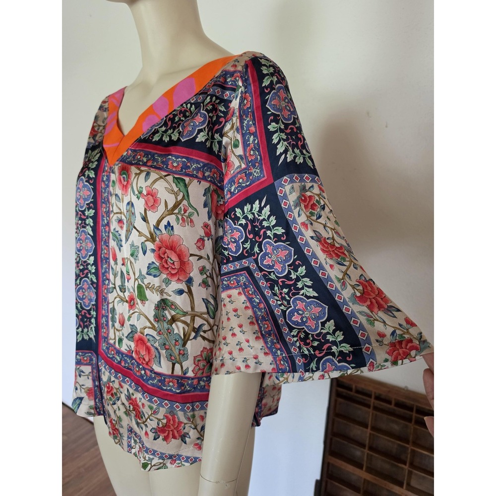 Aldo Martins Gina Top Blouse Eclectic Multicolor Floral Boho Kimono Foulard Top - Picture 2 of 9